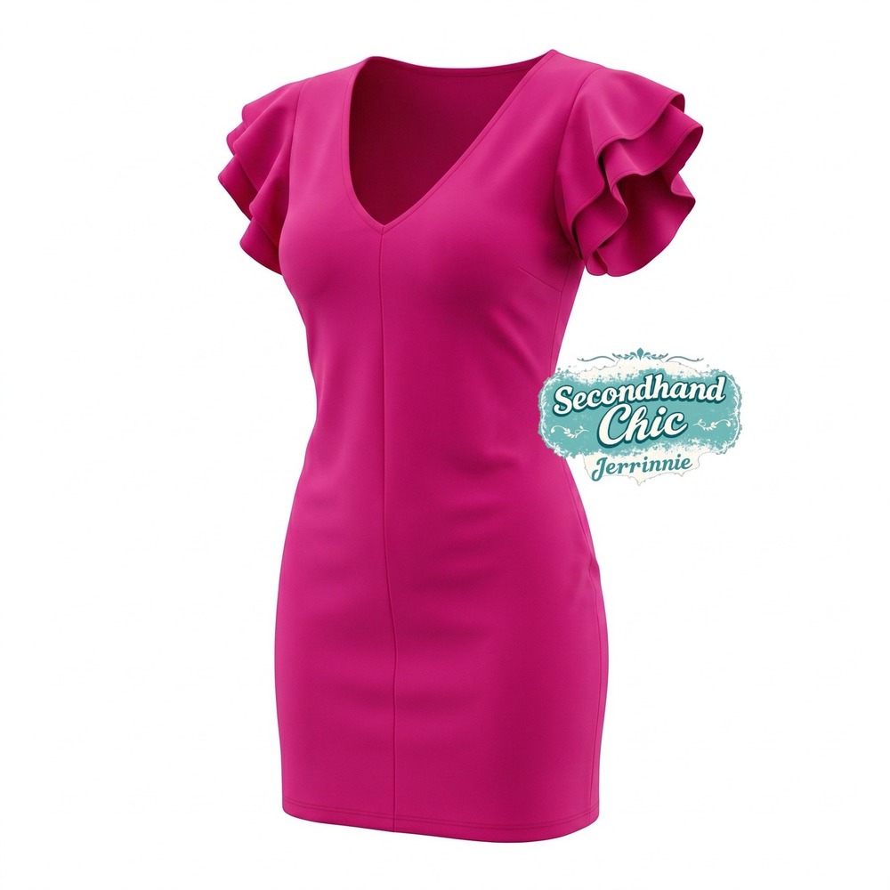 Hot Pink Ruffle Sleeve‎ V-Neck Mini Dress Fuchsia Sheath Cocktail Party Medium